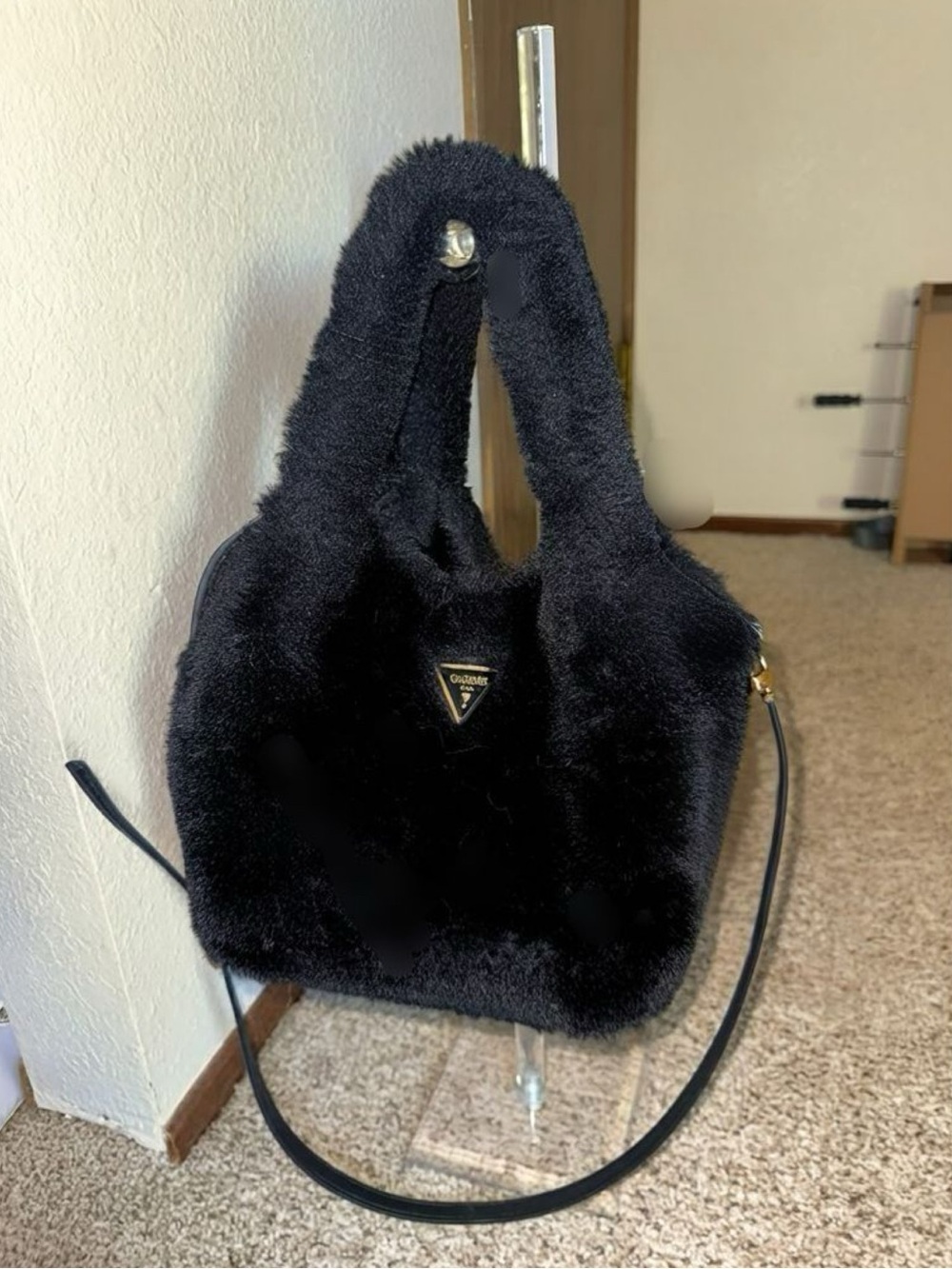 Guess Black Faux Fur Shoulder Bag with Top Handle